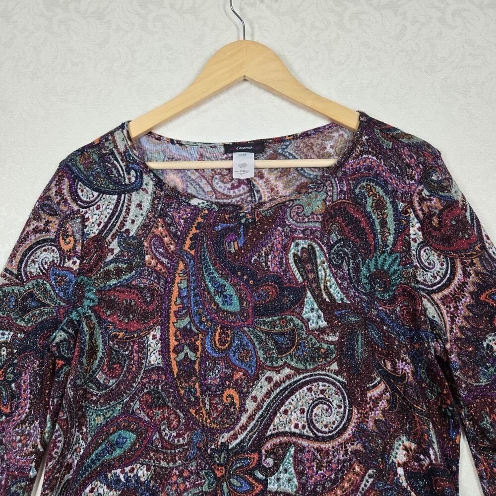 Cocomo Top L Paisley Multicolor Metallic Shimmer Knit Flowy Bell Sleeve Boho - Picture 3 of 12